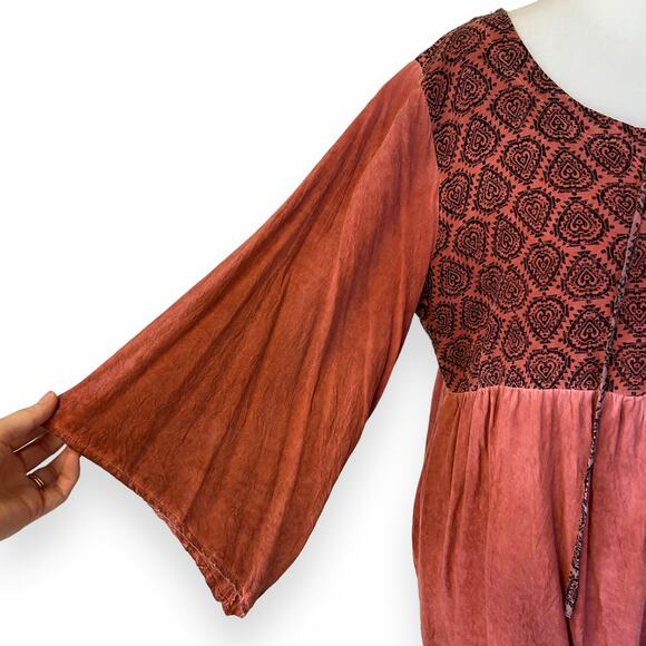 Umgee Orange Boho Printed Lace Up Neckline Blouse - Picture 5 of 6